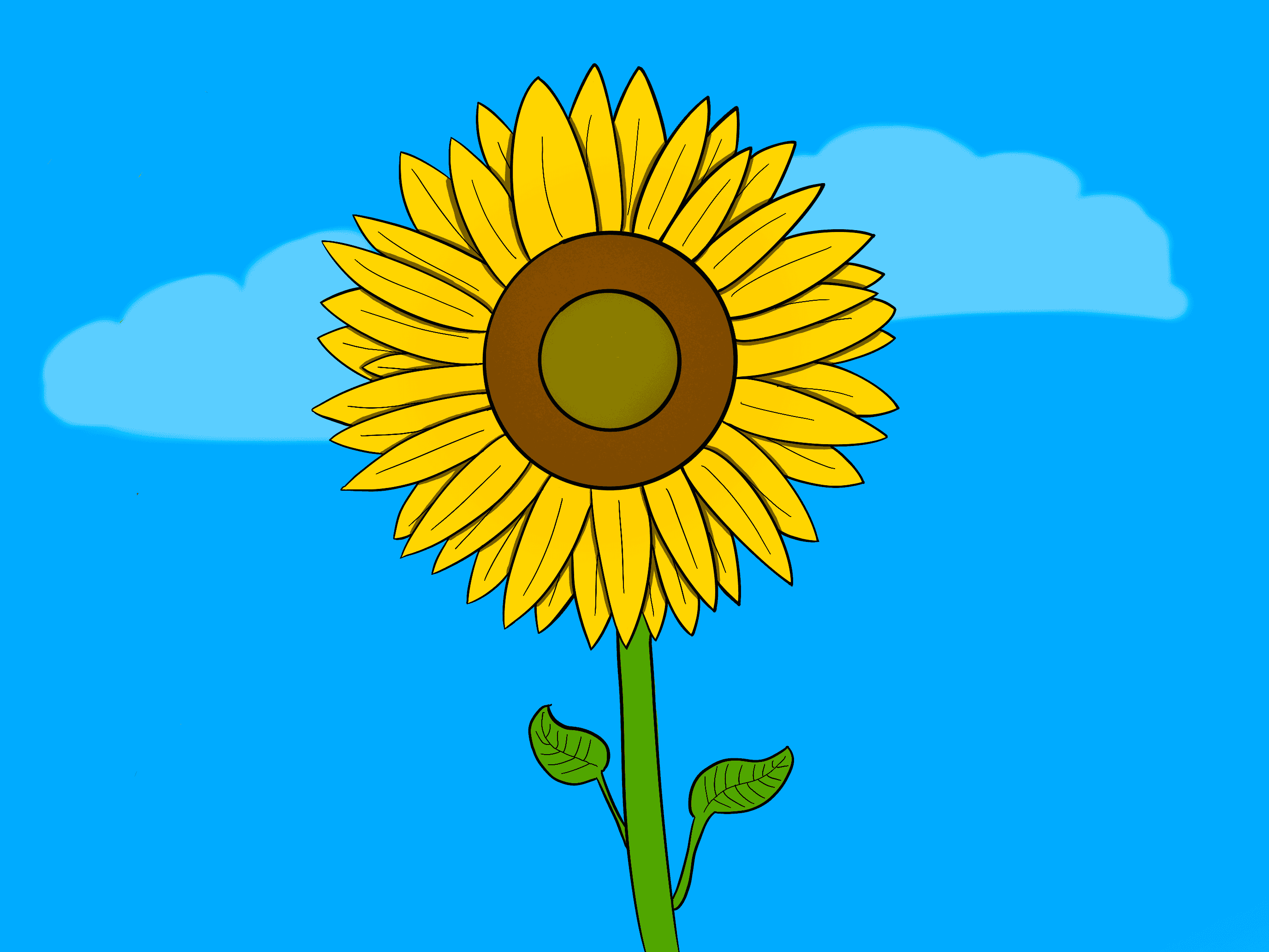An illustrated sunflower. It has mostly flat colors with two leaves on the stem. There is a blue background with faded white clouds in the background