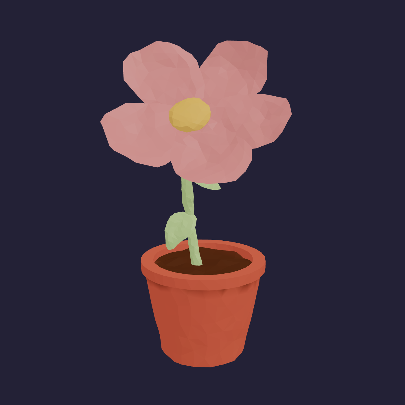 a pink flower with 5 petals coming out of a yellow center. There are two leaves and a green stem going into a teracota pot
