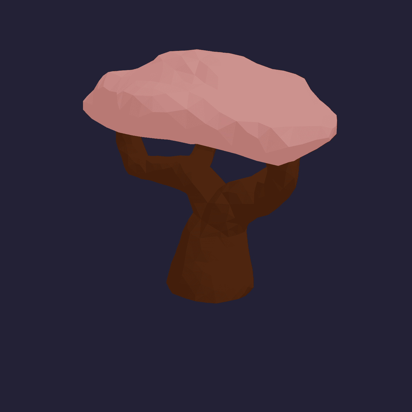 A low poly 3d model of a tree with a solid pink top and 4 branches going into it