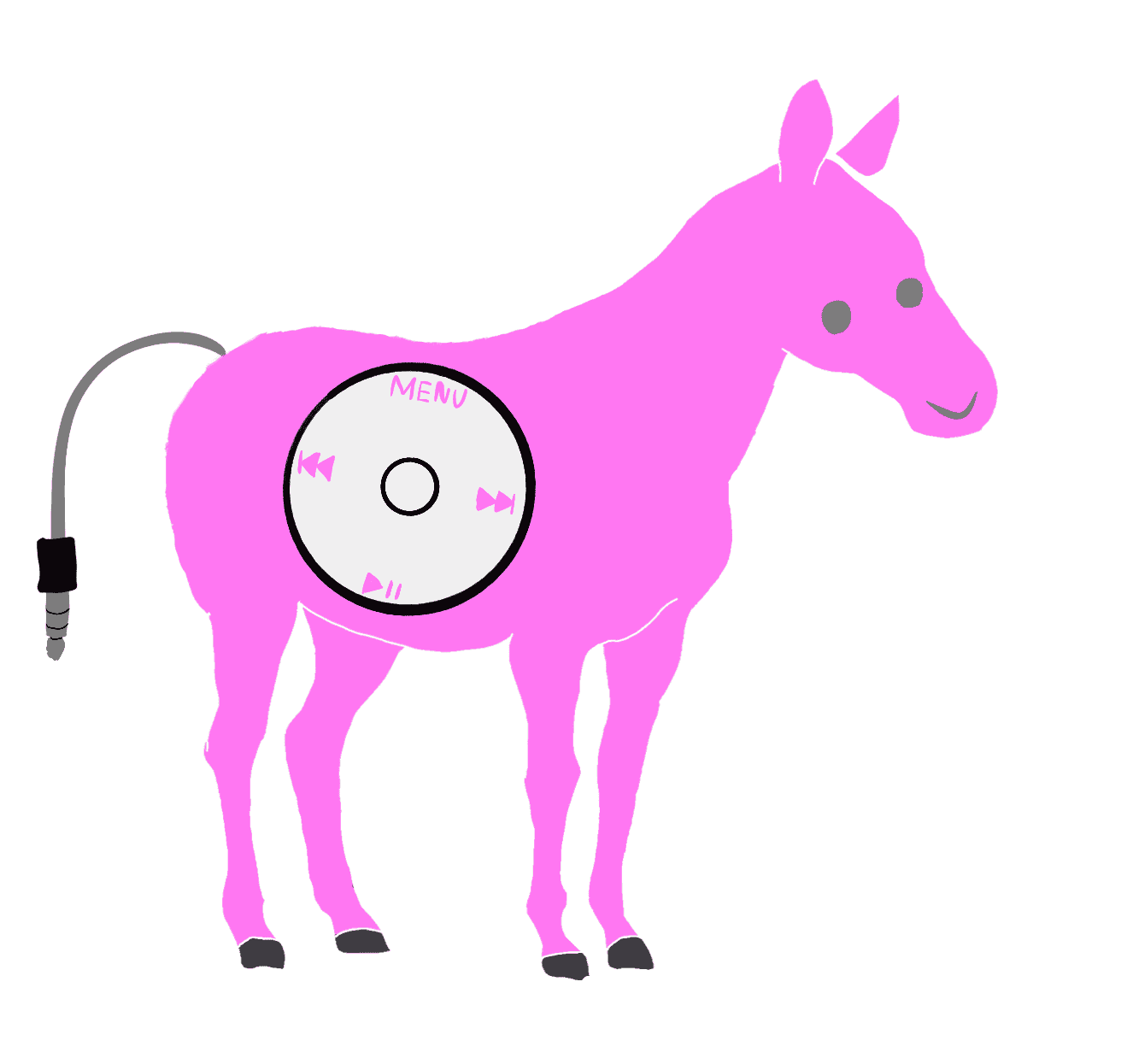 A drawn pink horse with a clickwheel on their body and an aux cable as a tail